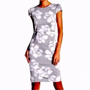 Betsy Johnson Floral Patterned Grey and White Midi Dress. Size 6